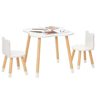 Image de HOMCOM Ensemble Table et chaises Enfant Design scandinave Motif Ourson Bois pin MDF Blanc