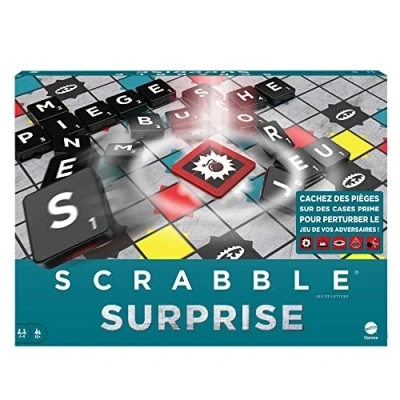 Image de Mattel Games Scrabble Jeu De Lettres Familial avec Tuiles Pièges, Société, Déclic, Présentoirs Et Sacs pour Les Tuiles, Dès 10 Ans, HLM16