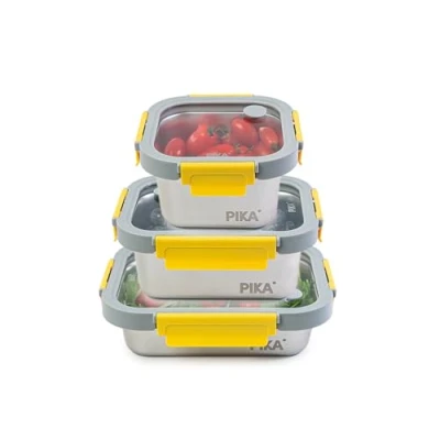 Image de PIKA Lot de 3 boites alimentaires en inox et couvercle verre trempé 600ml + 800ml 820ml Compatible micro ondes MetalShock