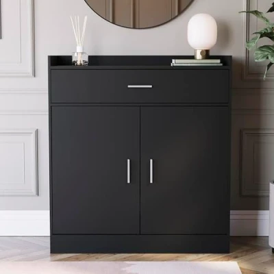 Image de Vida Designs Dalby Moderne 2 Portes 1 tiroir Couloir Rangement Meuble à Chaussures Buffet en Bois Noir, d&#039;ingénierie, Door Drawer