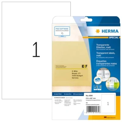 Image de HERMA A4 Rectangle Permanent Transparent 10pièce(s) étiquette auto collante Étiquettes collantes (Transparent, Rectangle, Permanent, A4, Universel, Polyester)