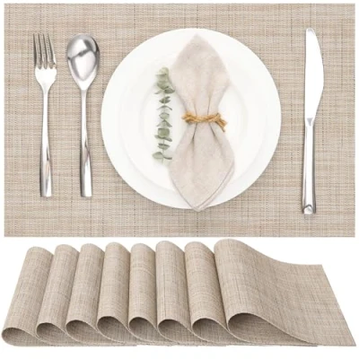 Image de Myir JUN Lot de 8 Sets Table, Tissé Lavable Napperons pour Cuisine ou Table à Manger Résiste la Chaleur Antidérapant Fait en Vinyle (30x45cm) (Jaune Beige)