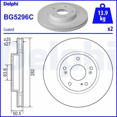 Image de DELPHI BG5296C Disque de frein 282 27 5 ventilé revêtu à haute teneur en carbone sans roulement roue, bague ABS FORD: Focus Mk4 3/5 portes