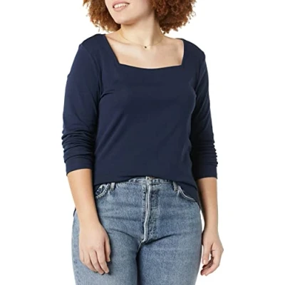 Image de Amazon Essentials T Shirt Ajusté À Manches Mi Longues Et Col Carré Femme, Bleu Marine, XS