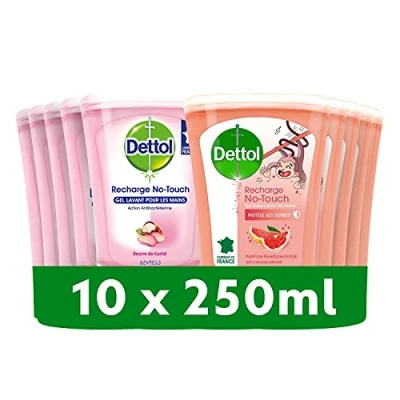 Image de Dettol Recharge No Touch Savon Liquide Mains Action Nettoyante Eau de Rose &amp; Beurre Karité et Citron 10 Recharges 250ml