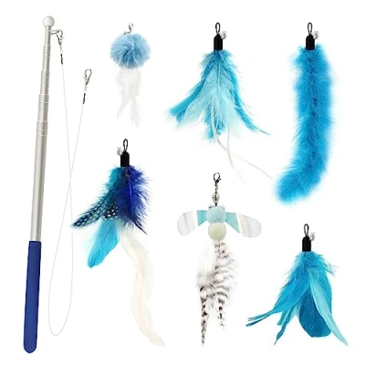 Image de SONGWAY Jouet à Plumes pour Chat 7 Pièces Ensemble de Jouets Chat, 1 Rétractable Canne a Peche avec 6 Rechange, Interactif l&#039;intérieur Chats et Chatons, Bleu