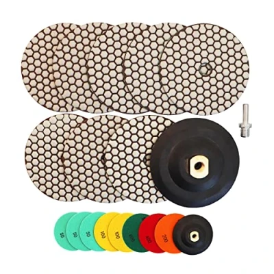 Image de HIGHDRIL Disque de Polissage Diamant 8PCS (#50x3/#100x2/#200/#400/#800) 125MM avec Support en Caoutchouc + Adaptateur M14 pour Granit Pierre Marbre Kit Perceuse Meuleuse Polisseuse