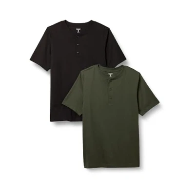 Image de Amazon Essentials Henley en Coton Coupe Classique à Manches Courtes Homme, Lot de 2, Noir/Vert Olive Foncé, XS