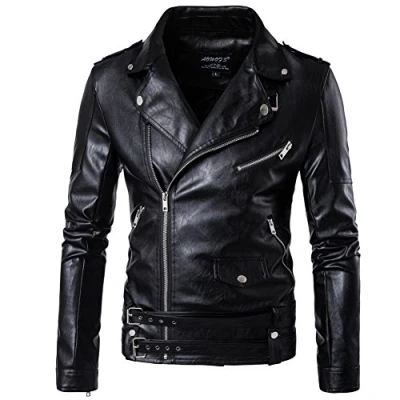 Image de Veste en Similicuir Punk Biker Jacket Blouson Manteaux Cuir avec Ceinture pour Homme Noir S