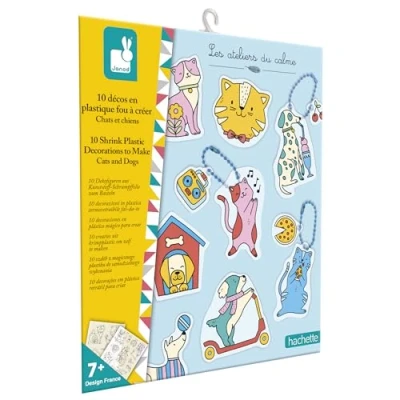 Image de Janod Coffret 10 Décos en Plastique Fou Thème Chiens &amp; Chats Les Ateliers du Calme DIY Kit Loisir Créatif Enfant Dextérité et Concentration Dès 6 Ans