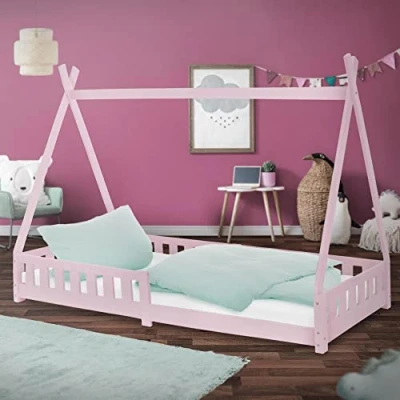 Image de ML Design Lit d&#039;enfants Tipi 90x200 cm Rose avec Protection Antichutes et Sommier à Lattes, en Bois de Pin, Indien pour Filles/Garçons, d&#039;Intérieur Clôture, Maison Tente Jeu