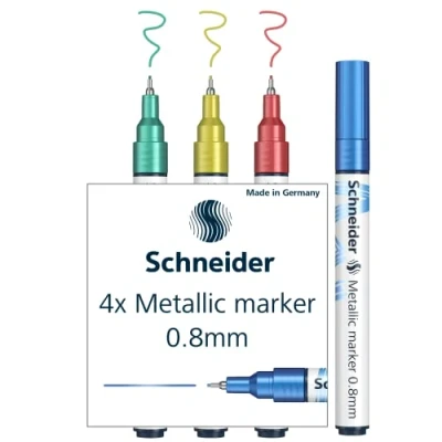 Image de Schneider Paint It 010 Lot de 4 marqueurs métalliques (Set 1, épaisseur trait 0,8 mm, nouvelle technologie pigment, fort effet pailleté) bleu, vert, rouge, jaune