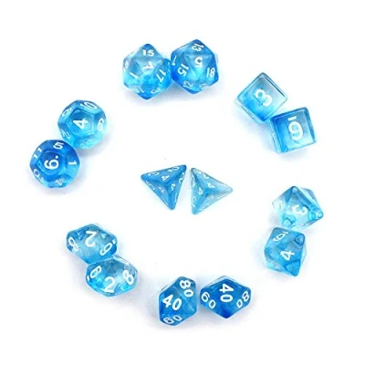 Image de Fasizi Lot de 2 dés polyédriques transparents pour jeux table x 7 (14 pièces) Série D20 D12 D10 D8 D6 D4 DND RPG MTG Double couleur (bleu)