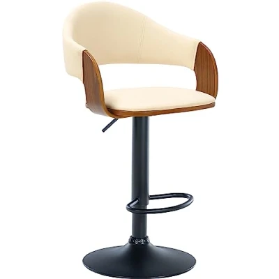 Image de Tabouret de Bar Nilse CLP Coque en bois et assise similicuir Réglable pivotant Noyer/Crème