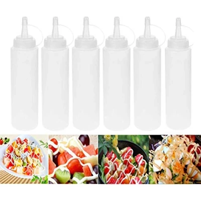 Image de Lot de 6 bouteilles en plastique Squeeze Sauce à condiments Distributeur avec ensemble Cap, pour maison Restaurant Ketchup, Moutarde, Mayo, huile d&#039;olive, barbecue, sans BPA, 230 ml, Blanc.