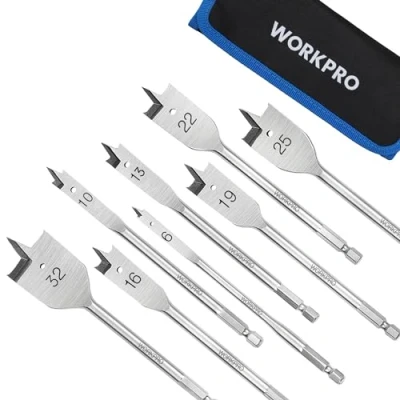 Image de WORKPRO Jeu de 8 Mèches Plate à Bois avec Tige Hexagonale 1/4&quot;, Plates en Acier au Carbone Qualité Ø6,10,13,16,19,22,25 et 32 mm, Longueur 152 mm