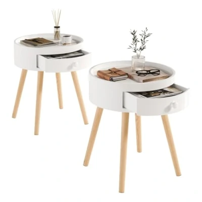 Image de WOLTU Lot de 2 Table Chevet Chambre en MDF,Table Basse Bois Pied avec tiroir,Blanc TS111ws