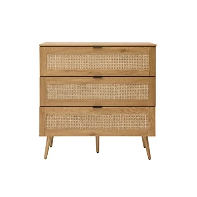 Image de Miliboo Commode en Bois Clair, cannage rotin et métal Noir 3 tiroirs L100 cm Manille