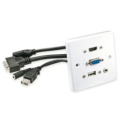 Image de LINDY Multi AV Faceplate Plaque montable sur mur fiche mini phone Stéréo 3,5 mm, HDMI, USB Type A, VGA blanc commande unique