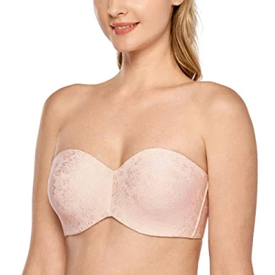 Image de DELIMIRA Soutien Gorge sans Bretelles Grande Taille avec Armature Invisible Minimiseur Bandeau Non Rembourré Rose Abricot 105D
