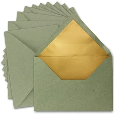 Image de UmWelt Lot de 75 Enveloppes format C5 15,6 x 22 cm en papier kraft vert avec doublure soie dorée Fermeture humide vierges recyclé