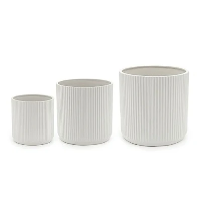 Image de Amazon Basics Lot de 3 Ronde Pots en céramique différentes tailles, 15.2 cm, 20.3 cm et 25.4 aspect rainuré, Blanc