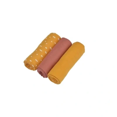 Image de Bébé Douceur, Set de 3 Langes 100% Gaze Coton 1 Imprimé /2 Unis 70 x cm Moutarde/Terracotta