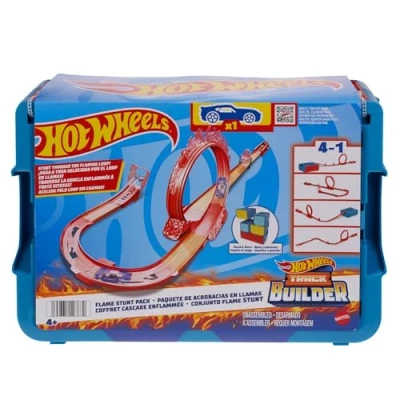 Image de Hot Wheels Track Builder Flamme Coffret avec 1 Voiture, 16 éléments de Construction et Cascade, boîte Jeu Rangement, HMC04