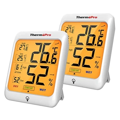 Image de ThermoPro TP53 Hygromètre Indicateur D&#039;humidité Intérieur Jauges de Température et Thermomètre D&#039;ambiance avec Rétroéclairage Reptile Grand Écran, 2 Pièces