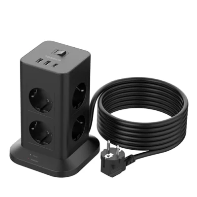 Image de TESSAN Tour Multiprise Parafoudre avec 8 Prises, USB C Rallonge 5M, Prise Multiple 2 A et 1 C, Interrupteur pour Maison, 3600W Bureau, Noire