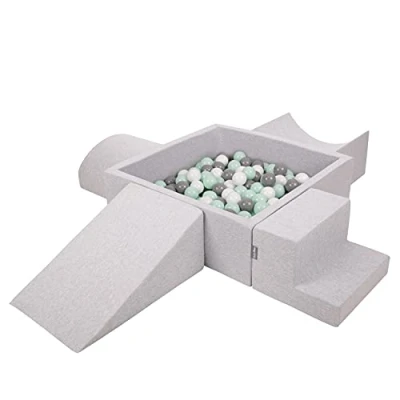 Image de KiddyMoon Aire De Jeux en Mousse avec Carré Piscine À Balles (300 Balles) Fosses Boules pour Enfants Jouets Parcours Obstacles, Fabriqué UE, Gris Clair: Blanc/Gris/Menthe