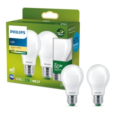 Image de Philips, ampoule LED Ultra Efficient classe A, culot E27, dépolie, équivalent 60W, blanc chaud 2700K, verre, lot de 2