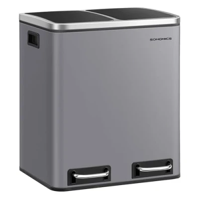 Image de SONGMICS Poubelle Cuisine, 2 x 15 L, Tri, avec Pédale, Compartiments, Sacs Poubelles, Seaux Intérieurs, Couvercles en Douceur, Acier, Gris Ardoise LTB030G01