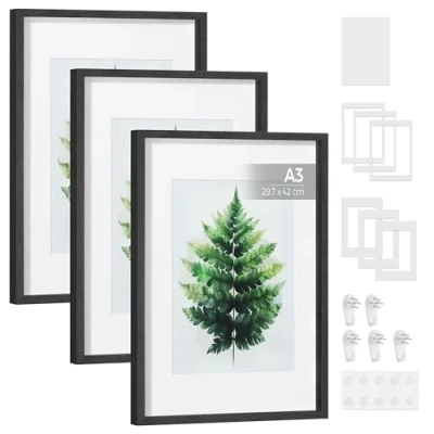 Image de SONGMICS Cadres Photo, Lot de 3, pour Images A3, A4, 28 x 36 cm, avec Fonds, Galerie Accroché au Mur ou Posé sur Table, Verre, MDF, 43,4 31,1 Noir Cendré RPF064B01