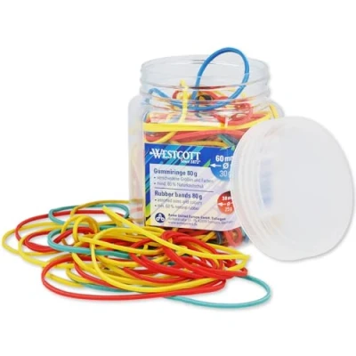 Image de Westcott E 10581 00 Lot de 80 g d&#039;anneaux en caoutchouc colorés différentes tailles dans un récipient plastique pratique rangement d&#039;élastiques ménagers 60 mm, 50 mm et 38