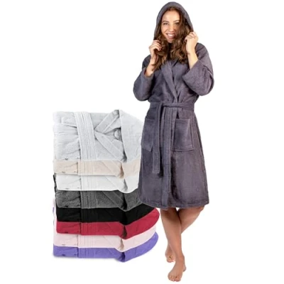 Image de Twinzen Peignoir de Bain Femme XL Gris Foncé 100% Coton avec Capuche Certifié OEKO TEX® Robe Chambre Eponge 2 Poches, Ceinture Doux, Absorbant et Confort
