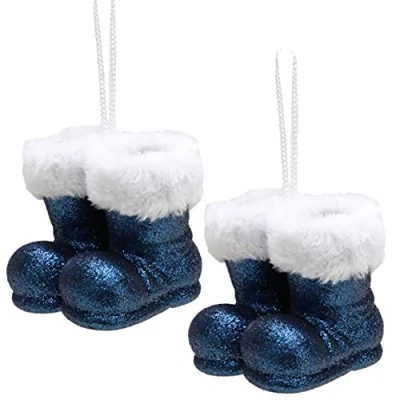 Image de Christmas Concepts® Lot de 2 à 10 cm (4&quot;) Bottes père Noël Suspendre Paillettes avec Bordure en Fourrure Blanche Bordures d&#039;arbre Noël/Boules (Bleu Nuit)