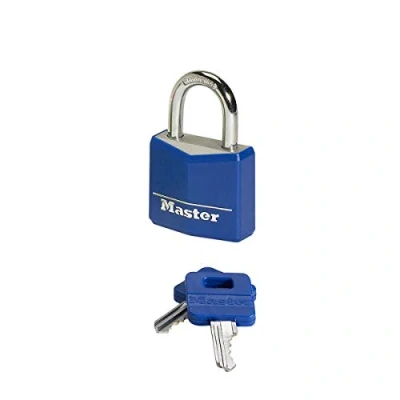Image de Master Lock Cadenas à Clé en Aluminium Massif recouvert de Vinyle, Bleu, Jaune, Rouge, 5,2 cm x 3 1,6