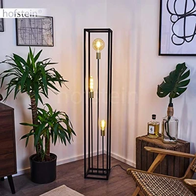 Image de Lampadaire Woden en métal noir et laiton, luminaire rétro industriel avec interrupteur sur le câble, idéal dans un salon vintage, pour 3 ampoules E27, ampoule(s) non incluse(s)