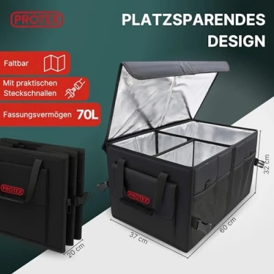 Image de PROTEX Organiseur de coffre [Vainqueur du test 2024] Sac isotherme 70 l pliable avec couvercle Boîte XXL isolation thermique et froide Pratique étanche (noir)