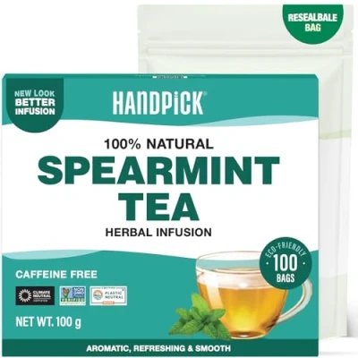 Image de HANDPICK Tisane à la Menthe Verte 100 Sachets Ronds Écoresponsables Sans Caféine &amp; Non OGM Feuilles de 100 % Pures Mélange Naturellement Rafraîchissant Scellé Sous Vide