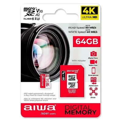 Image de AIWA Carte mémoire MSDV30 64 Go MICROSDXC Classe 10 U3 UHS avec Adaptateur U3, A2, SDXC, IP57, 90 Mbps