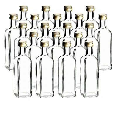 Image de gouveo Lot de 20 bouteilles en verre 60 ml Maraska avec bouchon à vis doré mini bouteille 0,06 l remplir pour liqueur, schnaps, huile ou comme cadeau (MFET060G)