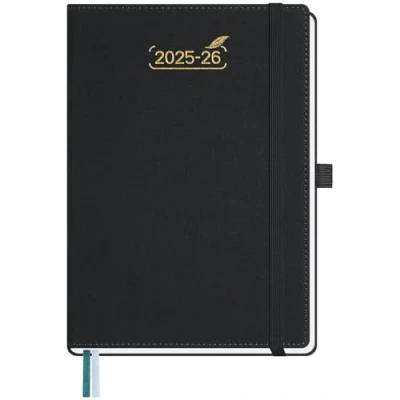 Image de BEZEND Agenda 2025 2026 A5 21 x 15,5 cm Semainier 25 26 avec Double Horaire 1 Semaine 2 Pages 18 Mois Du juil. à déc. Couverture Rigide en Cuir PU Noir