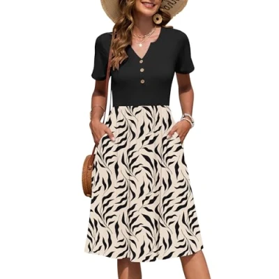 Image de AUSELILY Robe Femme d&#039;été à Manches Courtes Longueur Genou Col en V avec Boutons Robes Mi Longue Style Empire Poches Feuille Noire d&#039;abricot S