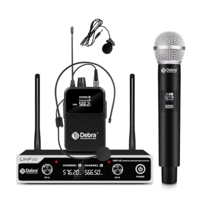 Image de D Debra UHF UBR 102 Pro Système de Microphone sans Fil avec Deux micros Fil, portée 79,2 m, Anti Bruit, pour église, réunion, karaoké, Mariage (1 Palmare e 1 Bodypack)