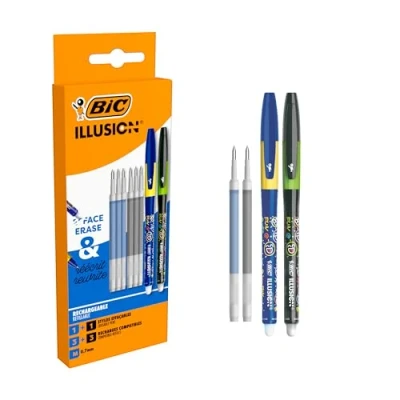Image de BIC Illusion Stylos Bille Effaçables et Rechargeables à Pointe Moyenne (0,7 mm) Recharges Bleu Noir, Boîte de 2 + 6