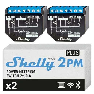 Image de Shelly Plus 2PM Interrupteur volet roulant connecté, 2 Canaux 16A, Wi Fi &amp; Bluetooth, Compteur de consommation d&#039;énergie, Alexa Google Home, App iOS Android (Lot 2)