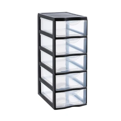 Image de SUNDIS Orgamix, tour de rangement en plastique noir, 5 tiroirs transparents format papier A4, hauteur 61 cm, idéale bureau, cours, documents, fournitures, accessoires