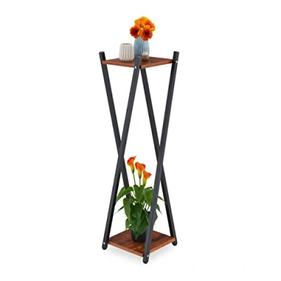 Image de Relaxdays Étagère à Plantes, 2 Surfaces Effet Bois, Tabouret Moderne Fleur, HLP : 99x29x29 cm, Colonne, Noir Brun foncé
